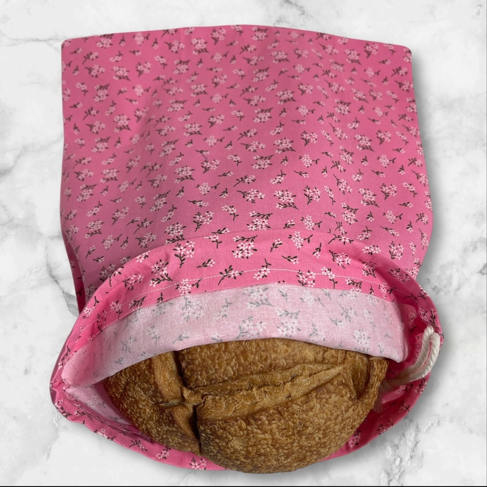 Pink Floral Bread Bag, Reusable Cotton Sourdough Storage, Farmhouse Kitchen
